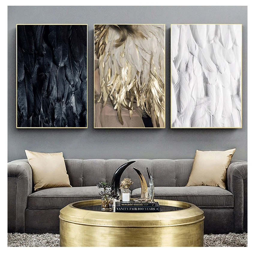 

poster Black White wall picture Home decor for living room Nordic Canvas Paintings poster prints Abstract Golden Feather canvas