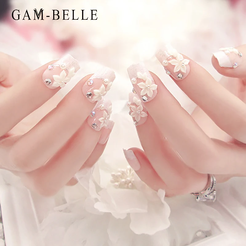 

Гам-BELLE французская 3D белый гравировкой в виде цветка и накладные ногти с Стразы Полный Чехол накладные ногти Пресс на накладные ногти для м...