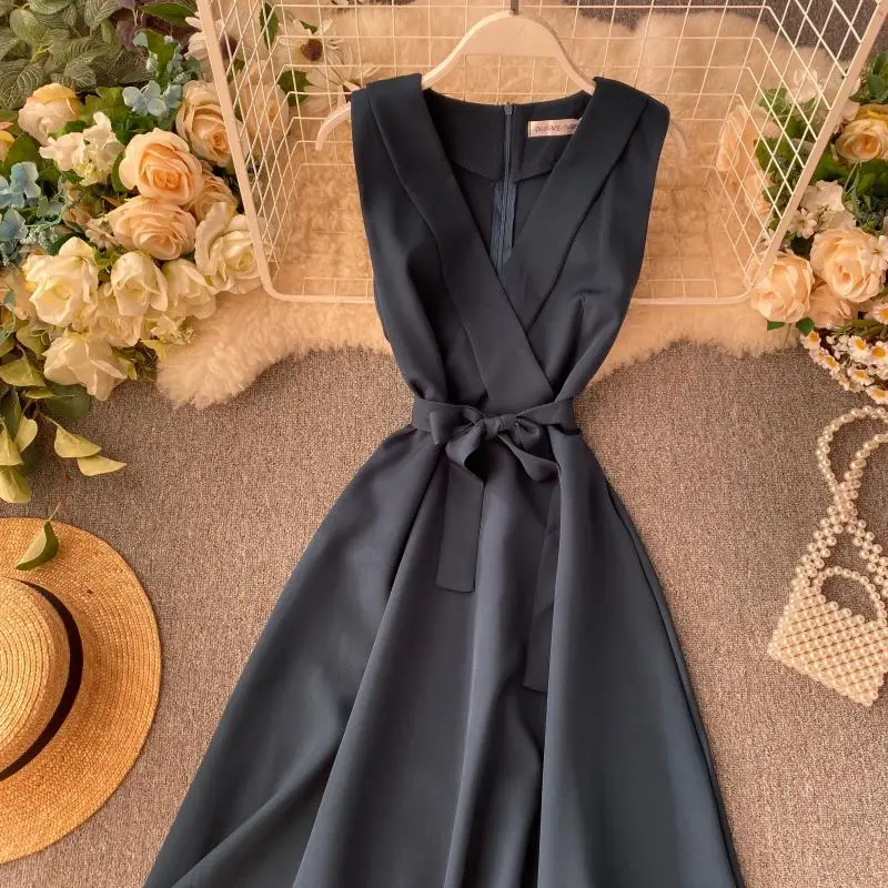 

2021 Work Fashion Solid Sleeveless Dress Women V Neck Sashes OL Vestidos 2021 Spring Summer Dresses Bow