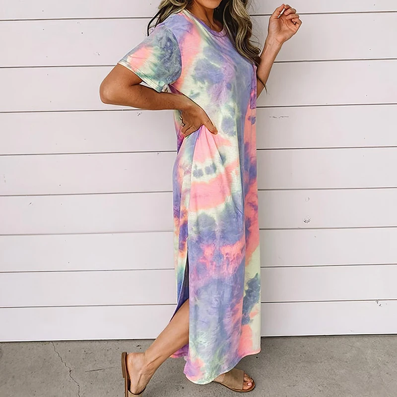 

2x Pocket Straight Long Dress Side Split Casual Maxi Dress Boho Tie Dye Loose Short Sleeve Robe L Gray & XL Blue
