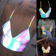Bralette holográfico con cuello de pico para mujer, Top corto con tirantes reflectantes, camisetas sin mangas con espalda descubierta, 2020