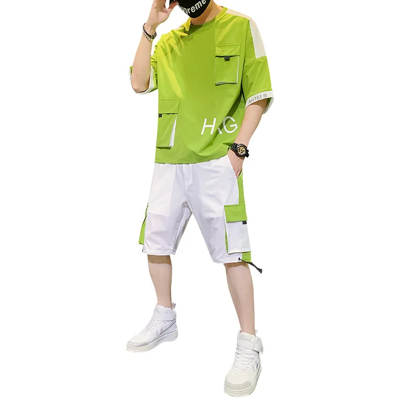 

2021 spring and summer new leisure Korean shorts short sleeve men's suit student ice silk large size two piece suit