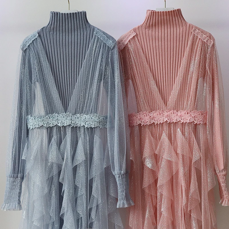 2 шт./компл. до колена Длина Тюль трикотаж серый синий платье подружки невесты