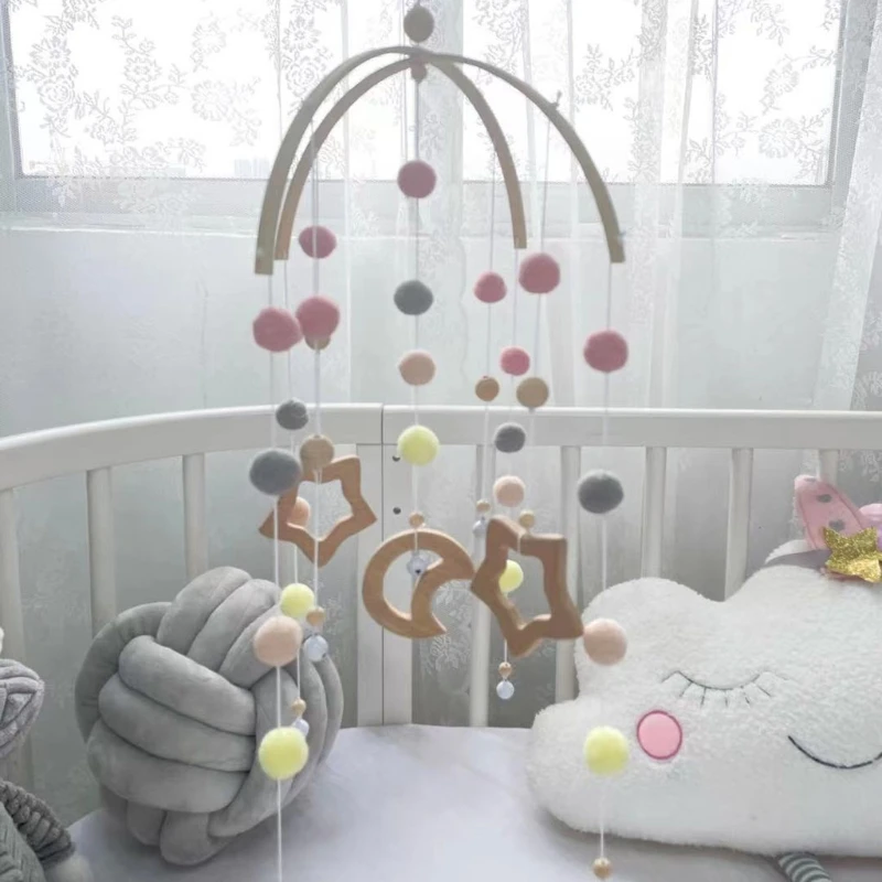 

GXMB Baby Crib Mobile Rattle Wooden Beads Wool Balls Bed Bell Wind Chime Nursing Room Hanging Decoration