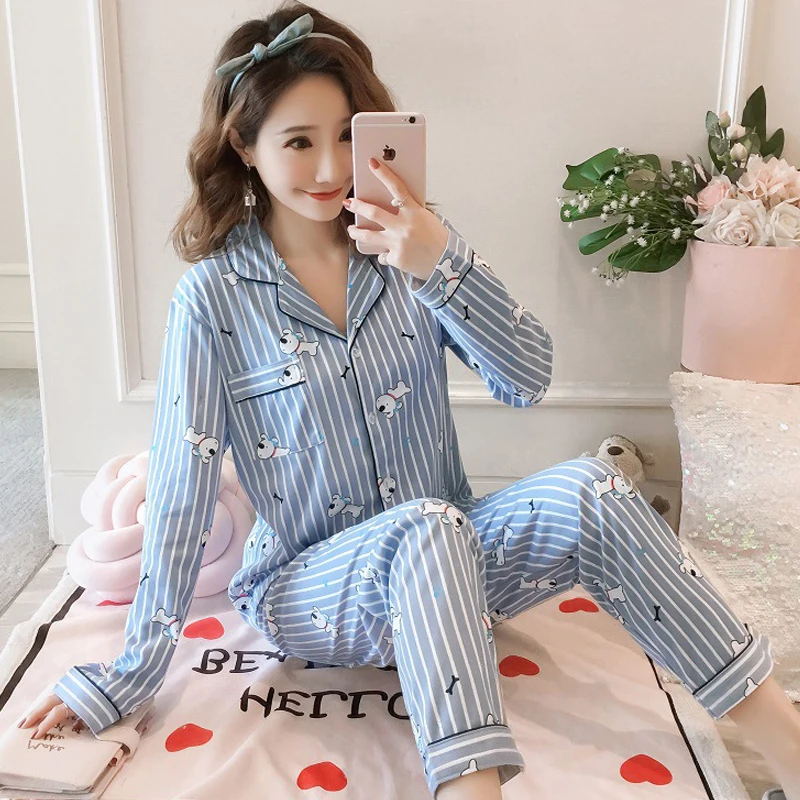 пижама женская 2 шт. пижамы для женщин милая с длинным рукавом новая шелковая