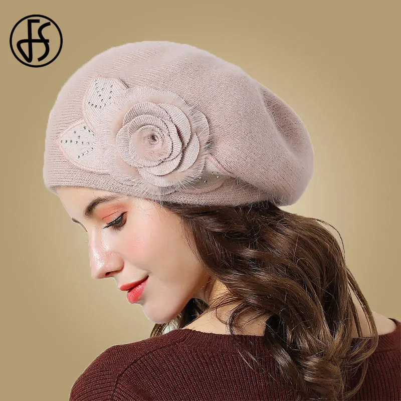 Женская Вязаная Шапка-бини FS двухслойная Теплая из кроличьего меха с крупными