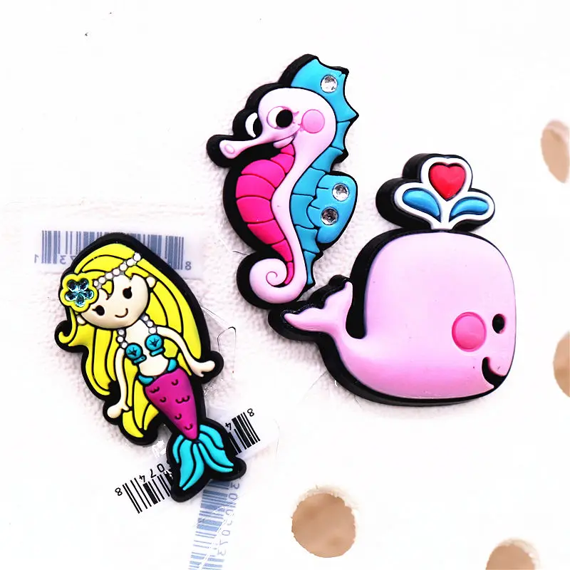 Original Cartoon Shoe Charms Accessories Pink Seahorse Mermaid Whale PVC Beach Shoe Buckle Decoration for Kids X-mas Party Gifts