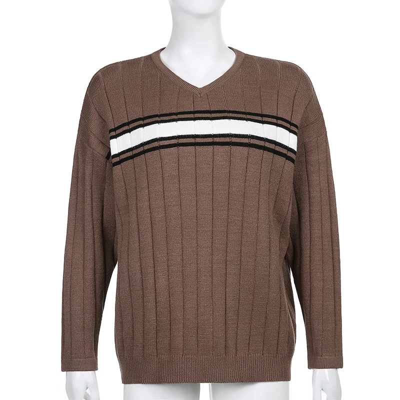 

Autumn Winter Blue Oversized Woman Sweaters Vintage V Neck Striped Jersey Jumper Knitted Pullover Female