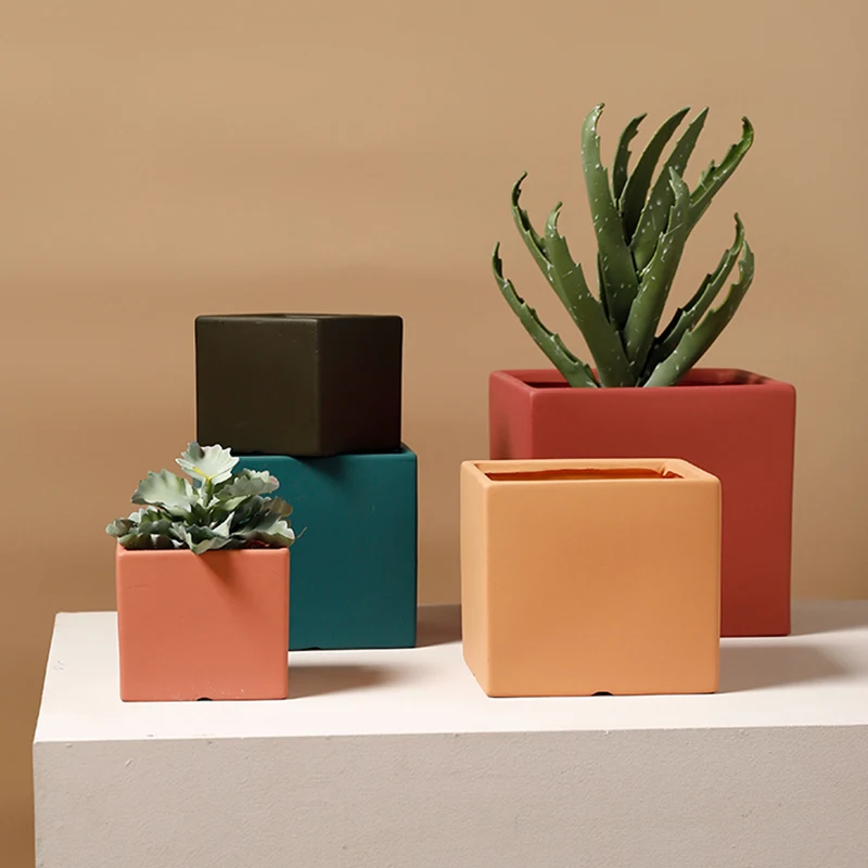 Nordic Industrial Style Colorful Ceramic Flower &amp Plant Pot Succulent Planter Green Cube Shape Flowerpot With Hole Matching Tray | Дом и
