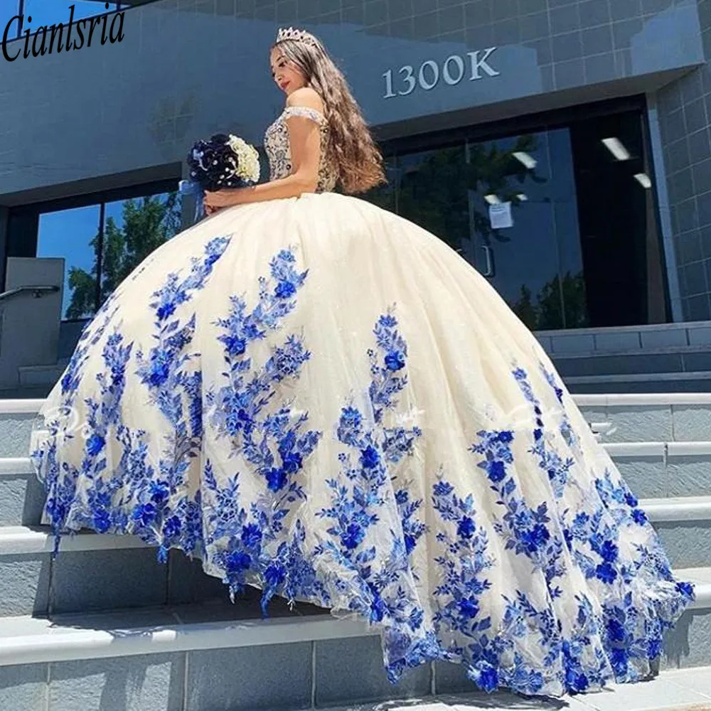 

2021 Arabic Style Blue Quinceanera Dresses Masquerade Puffy Ball Gown Prom Dress With Appliques Sweet 16 vestidos de 15 anos