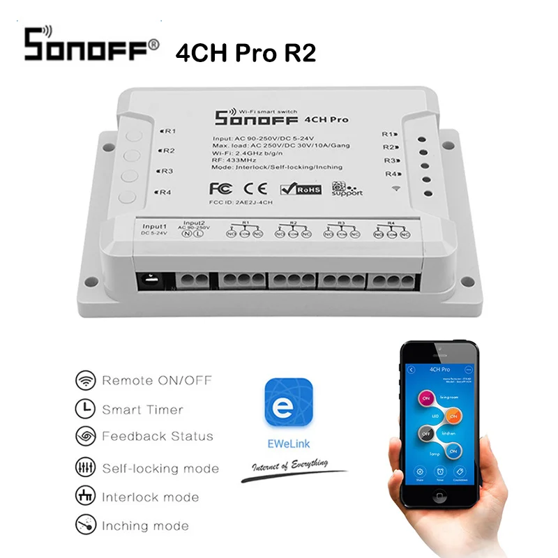 Sonoff 4CH Pro R2 умный Wifi светильник 4 комплекта 3 режима работы инчинг Блокировка самоблокирующийся RF/Wifi переключатель работает с Alexa