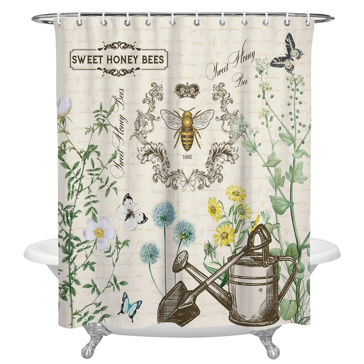 

Retro Bee Butterfly Flower Design Shower Curtains Polyester Fabric Bathroom Decor Shower Curtain Set with Hooks Home Decoration