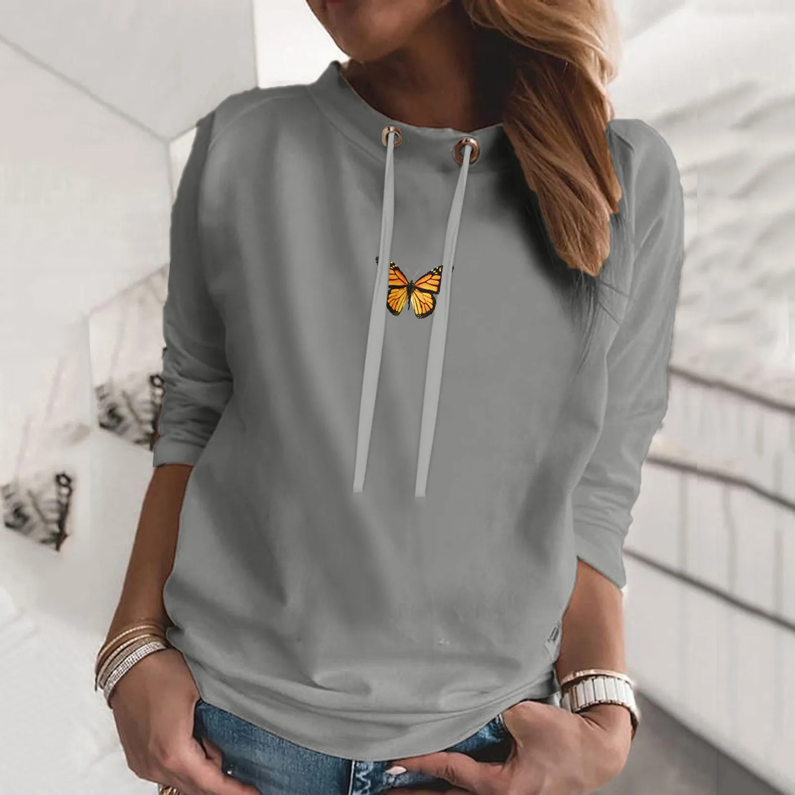 Толстовка женская оверсайз Модный повседневный свитшот с цветным кулиской