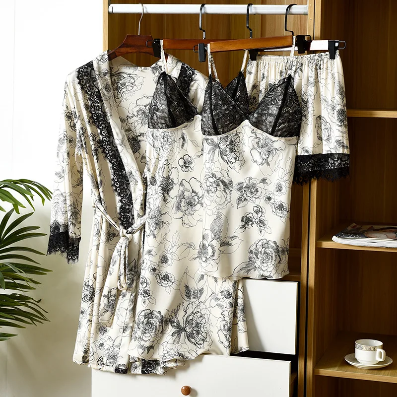 

4PCS Pajamas Suit Female Nightwear Satin Sexy Print Flower Homewear Intimate Lingerie Spring Autumn New Sleep Set Nightgown