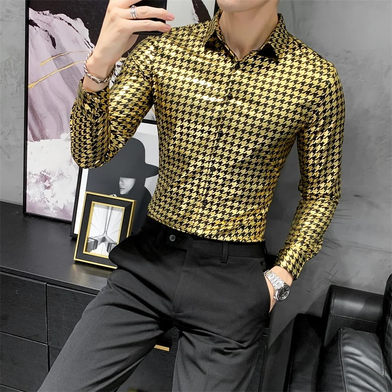 

Gold Silver Houndstooth Shirts For Men Autumn Long-sleeved Men's Plaid Shirt Luxury Printed Nightclub Party Streetwear V413