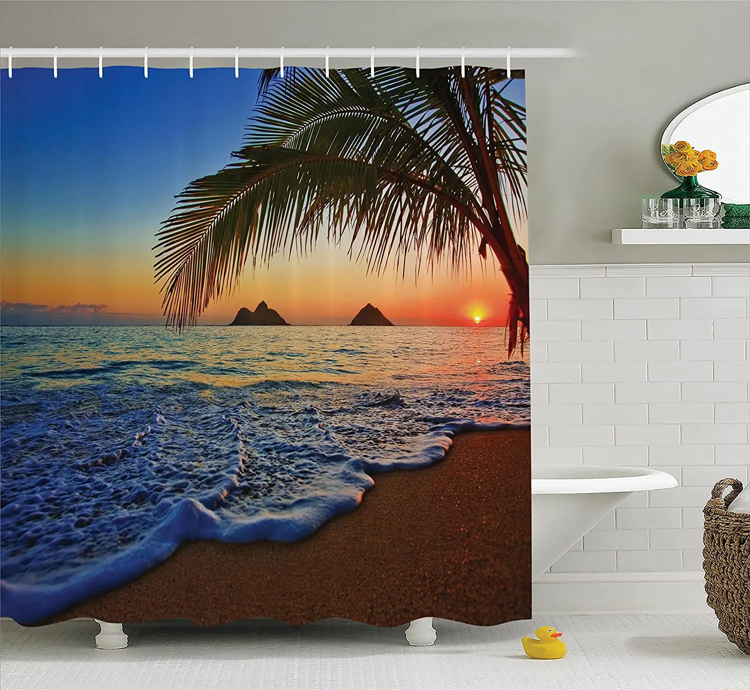 

Hawaiian Decor Shower Curtain Palm Tree Shore Caribbean Mist Honeymoon Traveling Resort Scenic Sunset Image Bathroom Decor