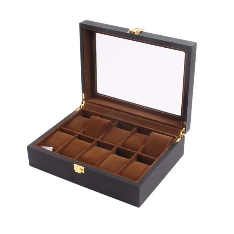 12 Slots Wooden Watch Box Case Organizer Display for Men Women, Wood Box with Clear Glass Top, Vintage Style