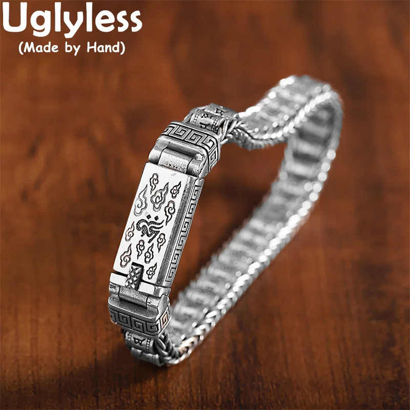 

Uglyless Cool Men Tanks Chains Bracelets Heavy Thick Thai Silver Bangles for Male 925 Sterling Silver Buddhism Jewelry Religious