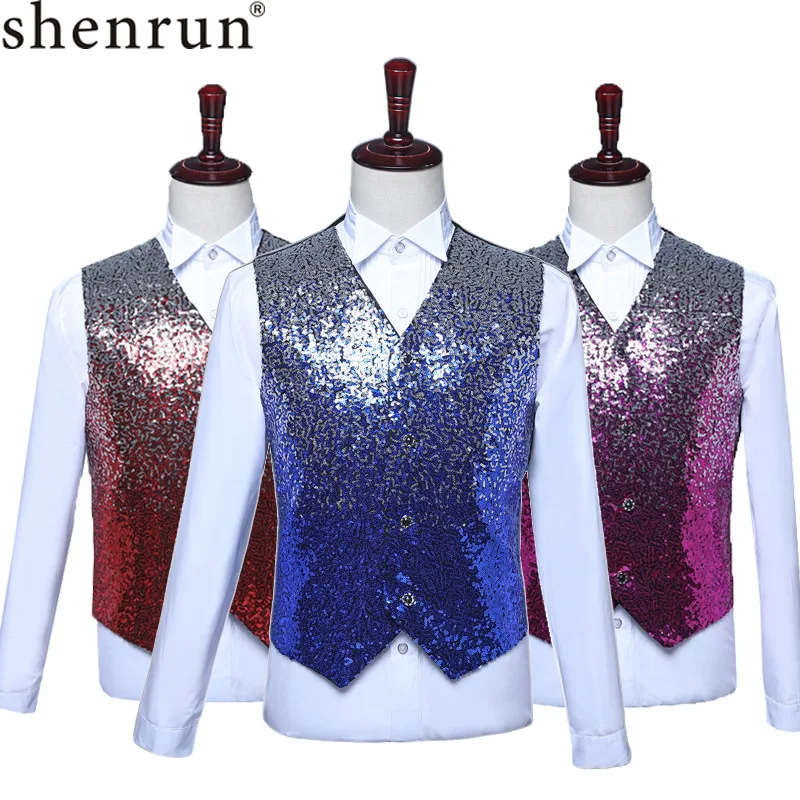 Shenrun модный Мужской приталенный необычный жилет с постепенным изменением блестящий синий красный мужской облегающий ЖИЛЕТ СВАДЕБНЫЙ сценический костюм