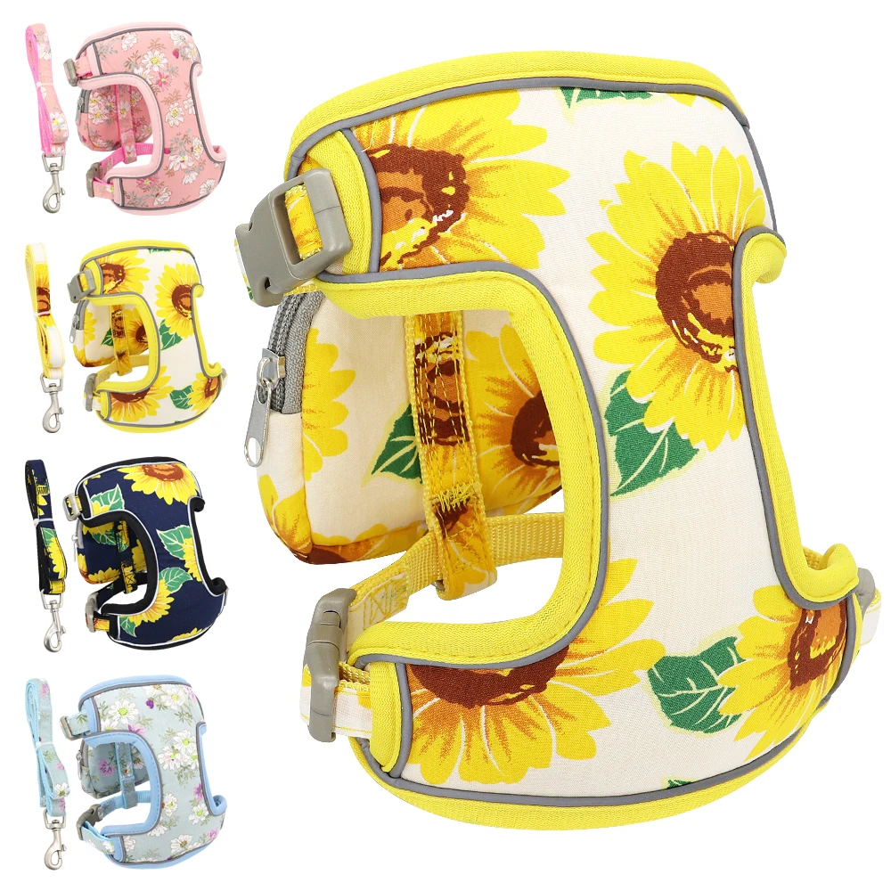 

Puppy Dog Harness With Leash Nylon Dogs Cat Vest Harness Pretty Flower Print Snack Bag For Cats Small Medium Dogs
