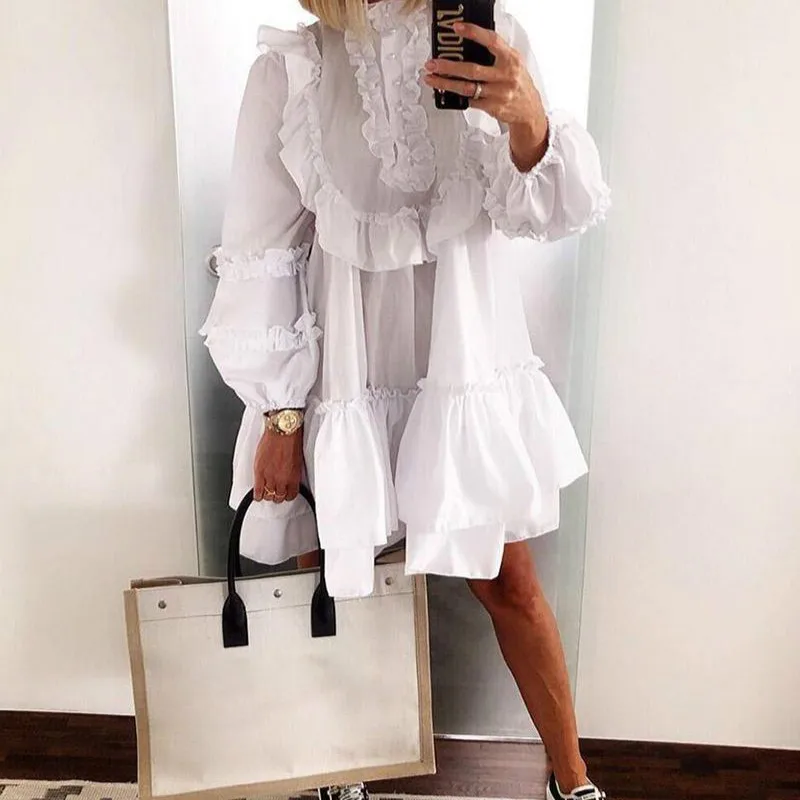 

Autumn Women Elegant Neck Button Loose Mini Dress Female Fashion White Sexy Ruffle A-Line Party Dress Lantern Long Sleeve Dress
