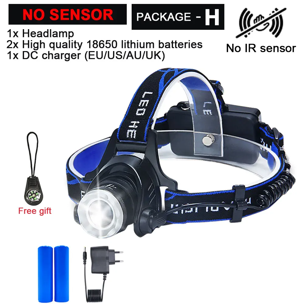 Package H ИК-датчик, головной светильник, USB Перезаряжаемый, V6/L2/T6, индукционный светодиодный налобный фонарь, налобный светильник для рыбалки, налобный фонарь, фонарь, аккумулятор 18650 - Испускаемый цвет: Package H