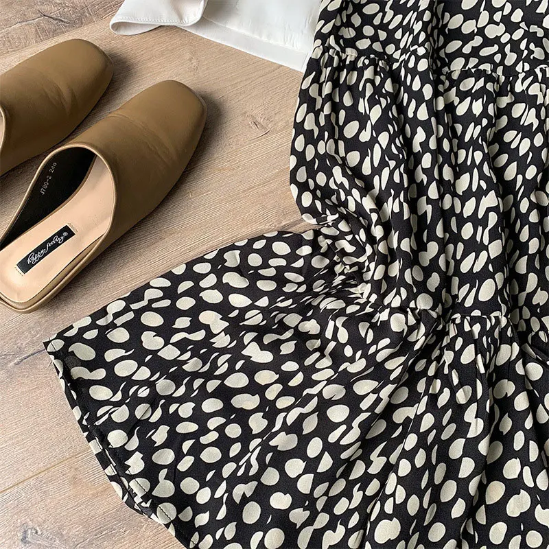 

Long Fashion Spring Loose Dot Women Chiffon Dress Full Sleeves Spotted O Neck Womens Dresses