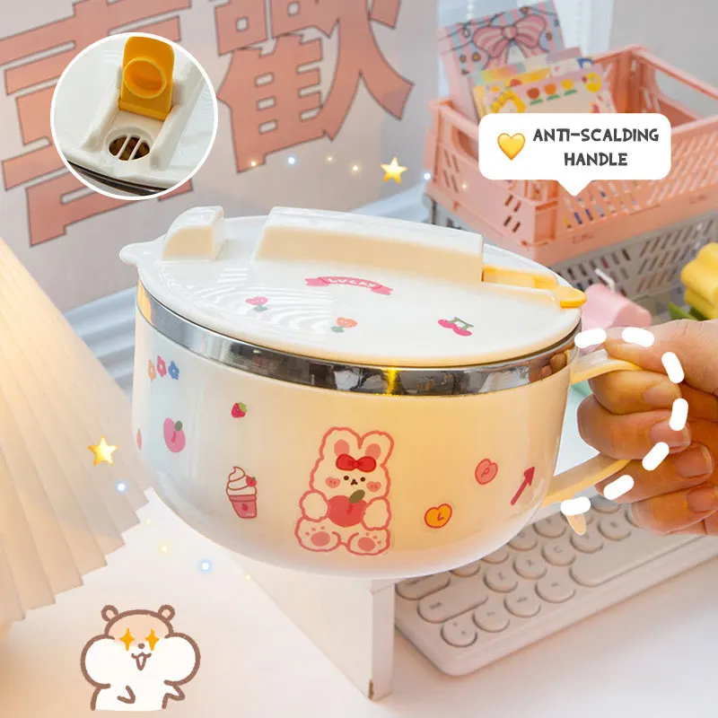 

W&G Kawaii Lunch Box Set Pot Belly Cute Instant Noodle Bowl with Lid Handle 304 Stainless Steel Bento Box Lunch Box for Kids