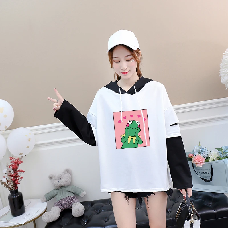Новые модные толстовки с капюшоном Забавный мультяшный принт лягушка милый