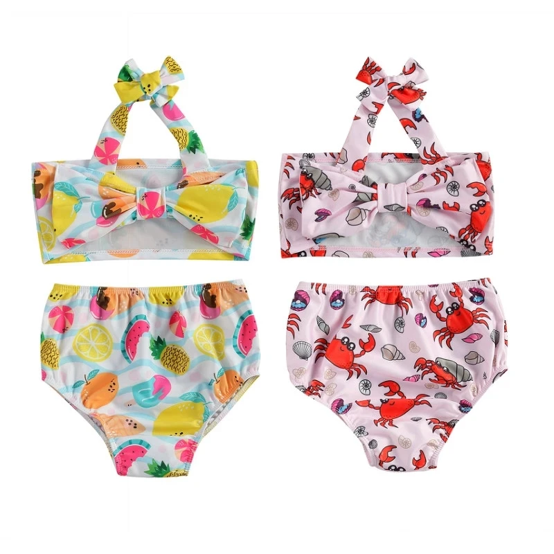 

Kids Baby Girl Swimwear Summer Printed Two Pieces Swimsuits Cute Bowknot Halte Tops+Shorts Infant Baby Girl Beachwear 0-4Y