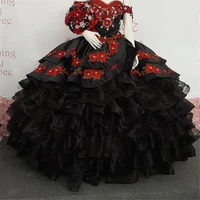 2021 luxury black ball gown quinceanera dresses sleeveless sweetheart off shoulder applique sweet 16 dress party wear
