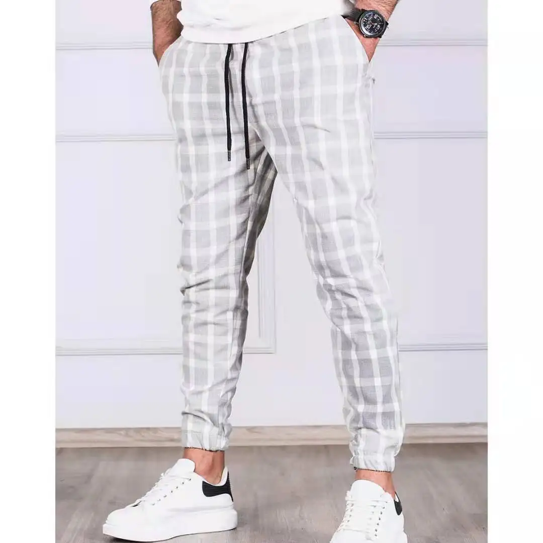 

Fashion Loose Sports Jogger Pants Men Plaid Casual Pants Men Slim Pencil Pants Drawstring Stripe Trouser Man Ankle Banded Pants