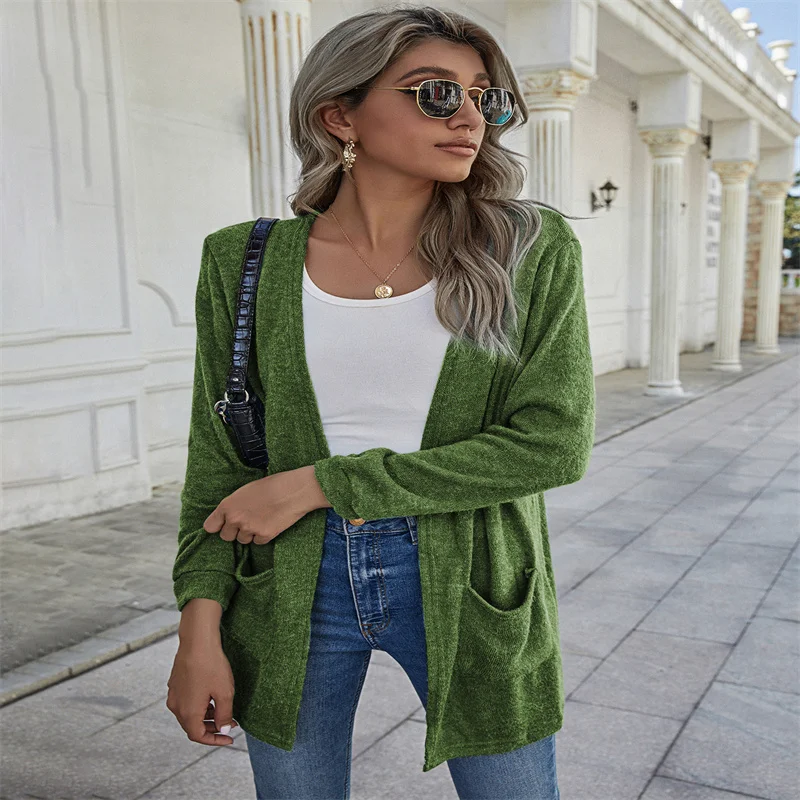 

22725# 2021Autumn Winter New Candy Coat Sweater Pocket Decoration Solid Color Top Commuter Fashion Sweater
