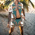 Гавайский пляжный мужской костюм из 2 предметов, комплект из черной рубашки с коротким рукавом и отворотом, повседневные шорты с принтом, уличный стиль, модный мужской костюм, лето 2021