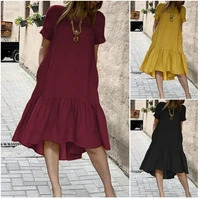 womens round neck short sleeve solid color cotton and linen casual comfortable loose over the knee skirt