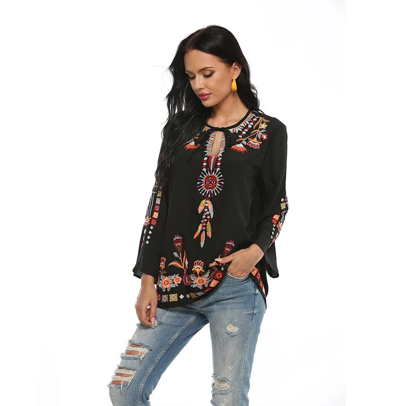 Новые хлопковые Черные блузки с вышивкой в стиле бохо Женская хлопковая рубашка