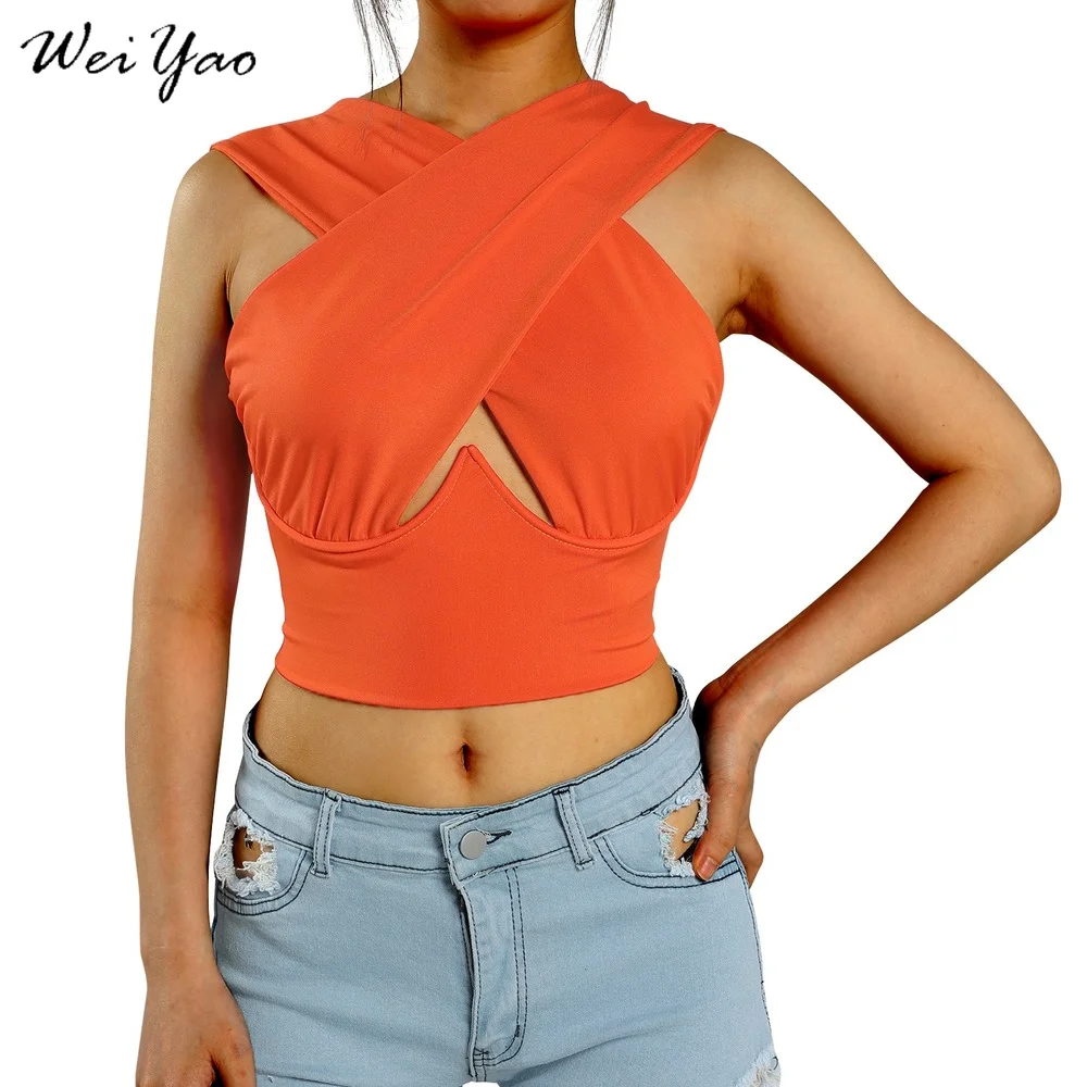 

WeiYao Women's Sexy y2k Crop Tops Sleeveless Solid Color Criss Cross Tank Top Party Club Streetwear Summer Lady Backless Tops