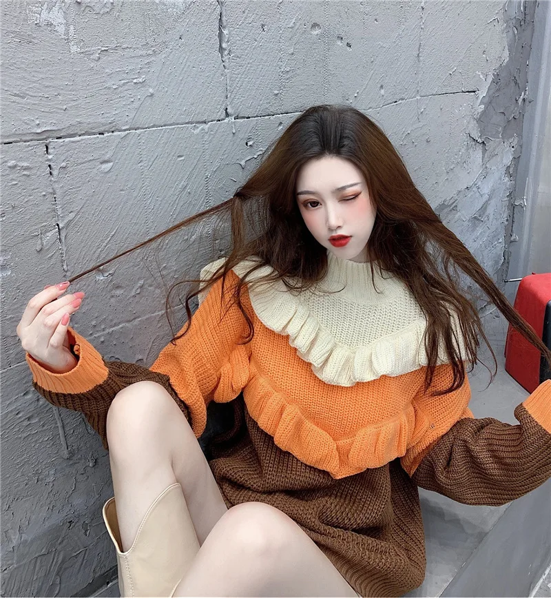 

Ladies Knitted Sweater Women Pullovers Knit Jumper Spring Autumn Women Ruffles Sweaters Pullover Soft Tops Knitwear For Female