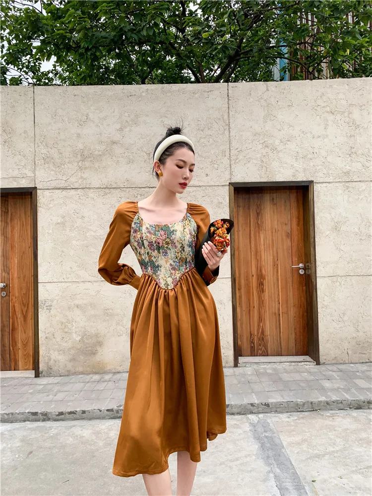 CHEERART Vintage Jacquard Long Sleeve Tunic Dress Women Autumn A Line Square Neck Floral Midi Ladies Gold | Женская одежда