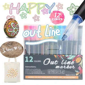 12 Colors Out Line Marker Metal Glitter Marker Pen DIY Painting Doodling Outline Marker for Graffiti/Album/Hand Account Supplies