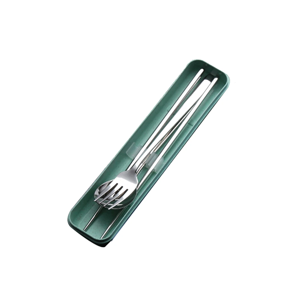 3Pcs Stainless Steel Chopsticks Spoon Fork Tableware Set Portable Gift Box Adult School Travel Picnic Wheat Straw Cutlery Set - Цвет: silver