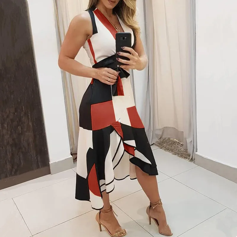 

Sexy Summer V Neck Empire Belt Tunic Women's Midi Dress 2021 Fashion Geometry Print Irregular Office Ladies Dresses Plus Size
