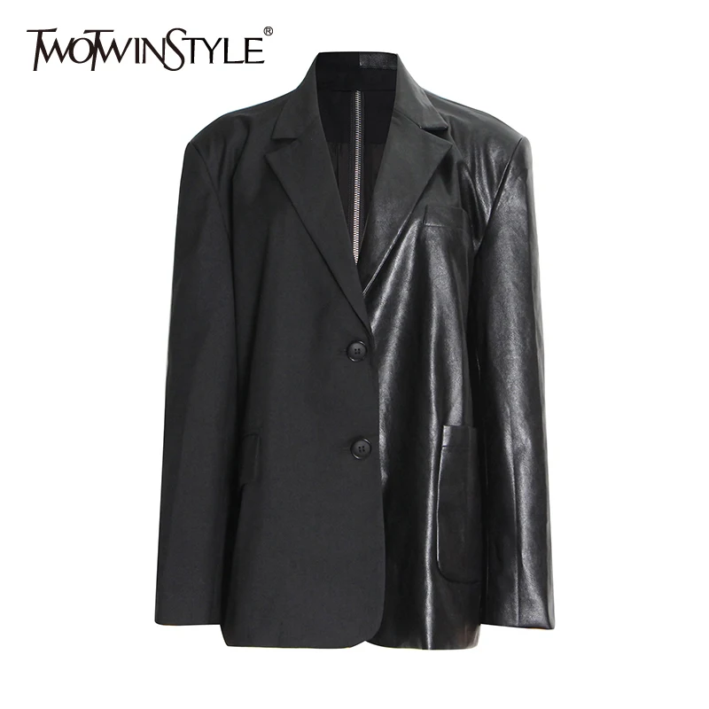 

TWOTWINSTYLE Black Patchwork Pu Blazers For Women Loose Notched Long Sleeve Straight Pockets Coats Female 2021 Fall Clothing New