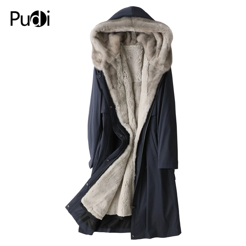 

A49008 Women Winter Warm Real Mink Fur Parka Coat Jacket Mink Collar Rabbit Liner Girl Lady Long Trench Overcoat