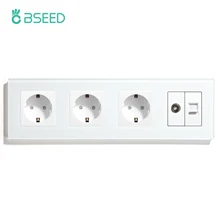 BSEED Double Wall Sockets EU Standard Four Frames Power Sockets TV PC Internet Crystal Glass Panel White Black Gold EU Standard