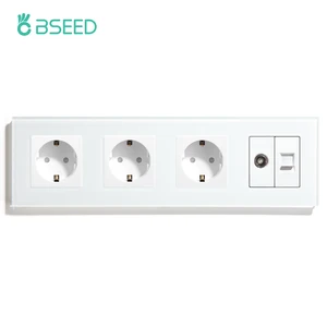 Двухстенные розетки BSEED, четыре рамы европейского стандарта, розетки для ТВ, ПК, Интернет, прозрачная стеклянная панель, белая, черная, золотая, европейский стандарт