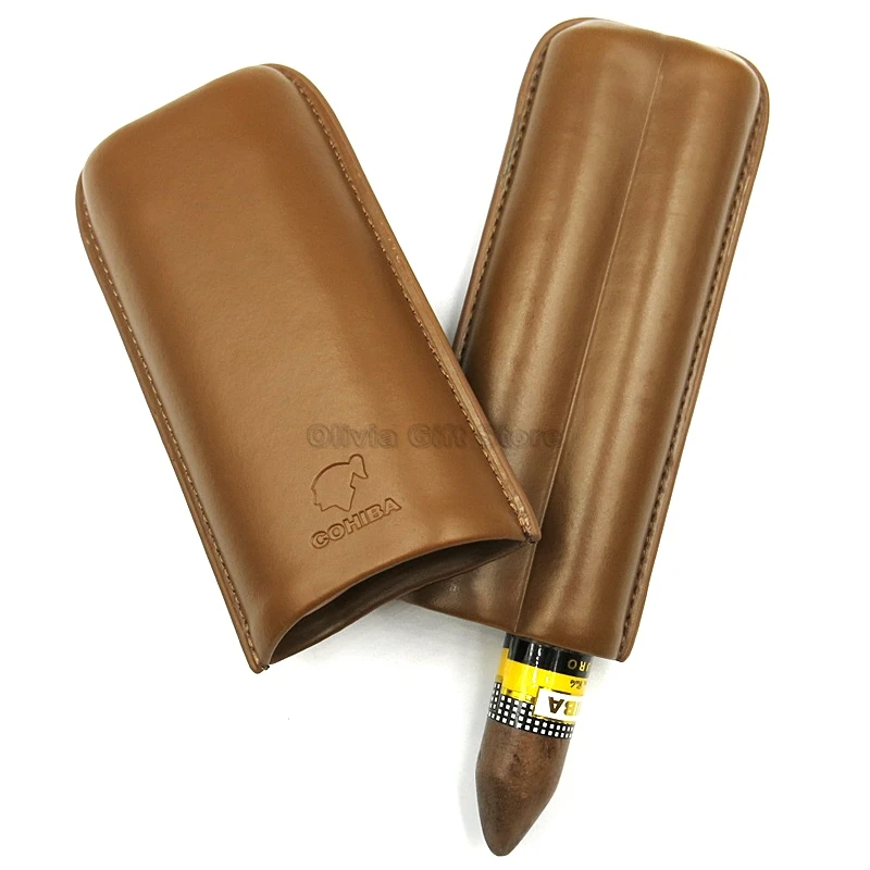 COHIBA Коричневый подлинный кожаный портсигар Дорожный Чехол портативный 2 пальца Humidor Открытый сигары набор в подарочной коробке курительный инструмент