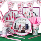 Косметика для вечеринки для девочки, украшение на день рождения, одноразовая посуда, тарелка, чашка, тянущийся флаг для девочки, розовое искусственное украшение, принадлежности