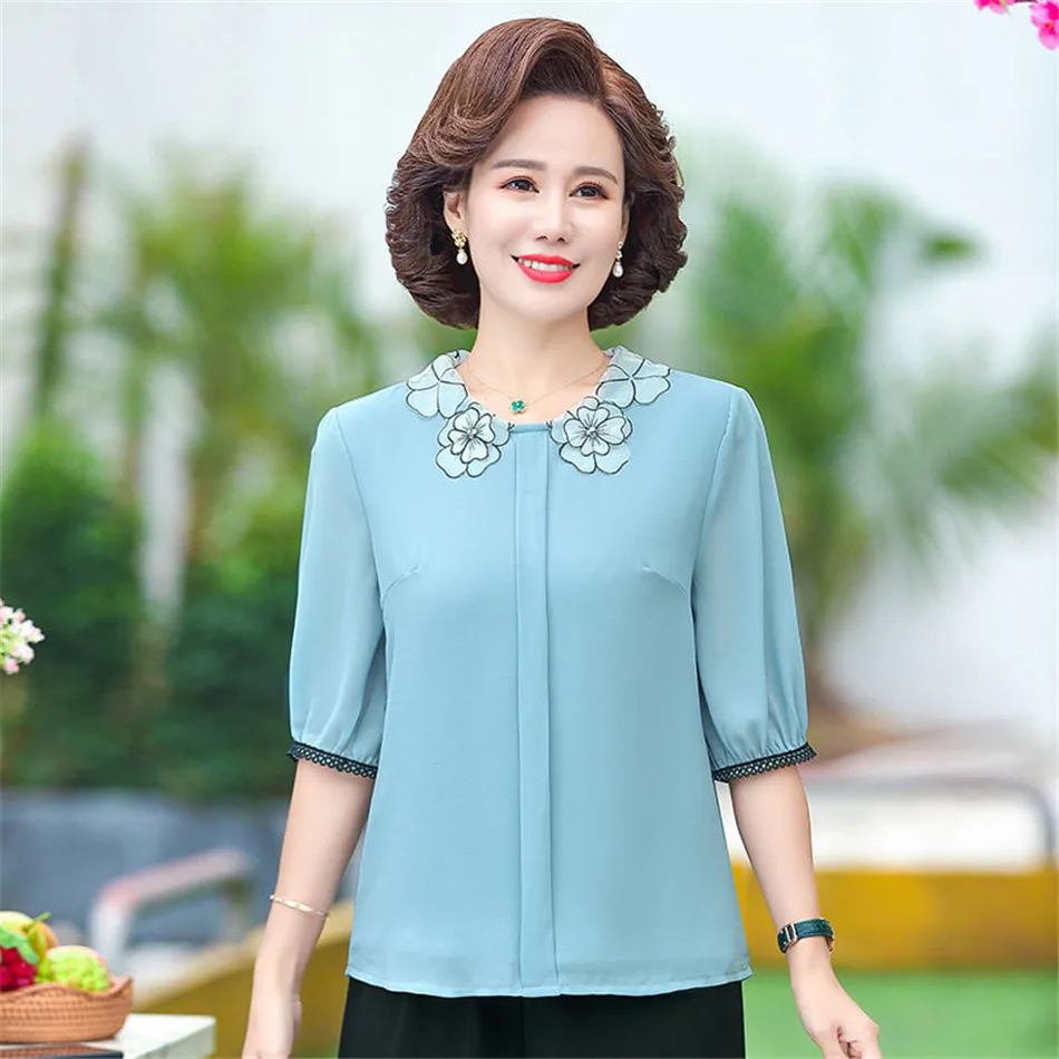Блузка женская шифоновая с вышивкой элегантная повседневная Однотонная рубашка