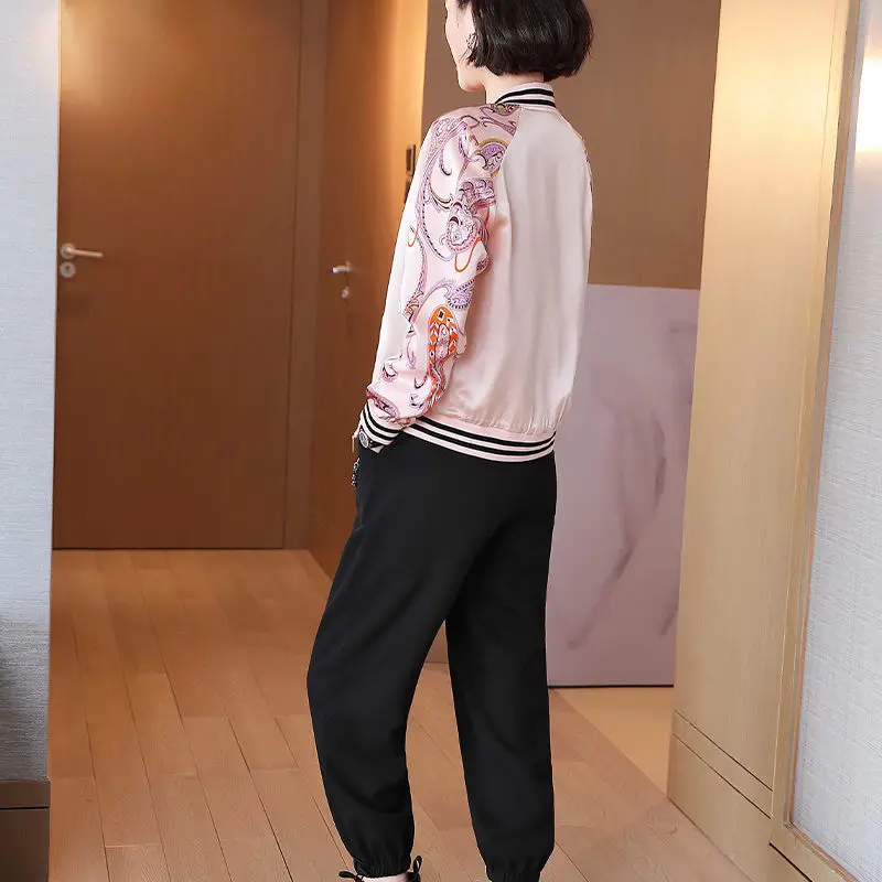 

Heavyweight Satin Jacket 2021 Spring Autumn New Women's Real Silk Casual Jacket Long Sleeve Print Contrast Baseball Jacket